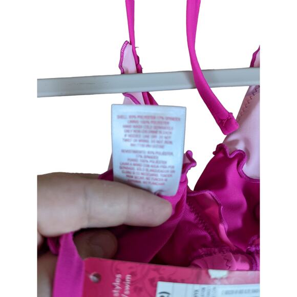 Xhilaration Bikini Top Ruffle Colorblock Triangle Juniors S Pink Strappy Halter - Picture 8 of 8